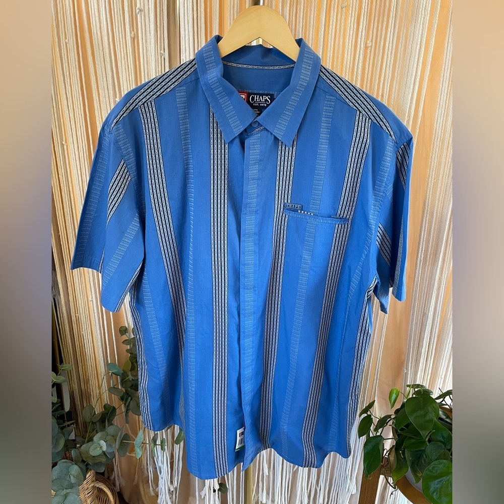 NWT Chaps blue short-sleeve button-down shirt vertical stripes & chest pocket. - Picture 6 of 11